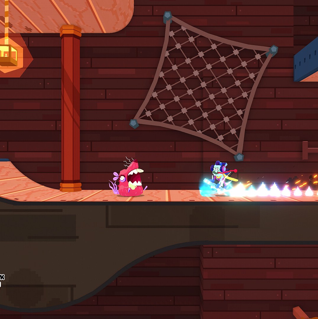 A character in the coast rushes towards the enemy at the level of coils made of wooden pieces