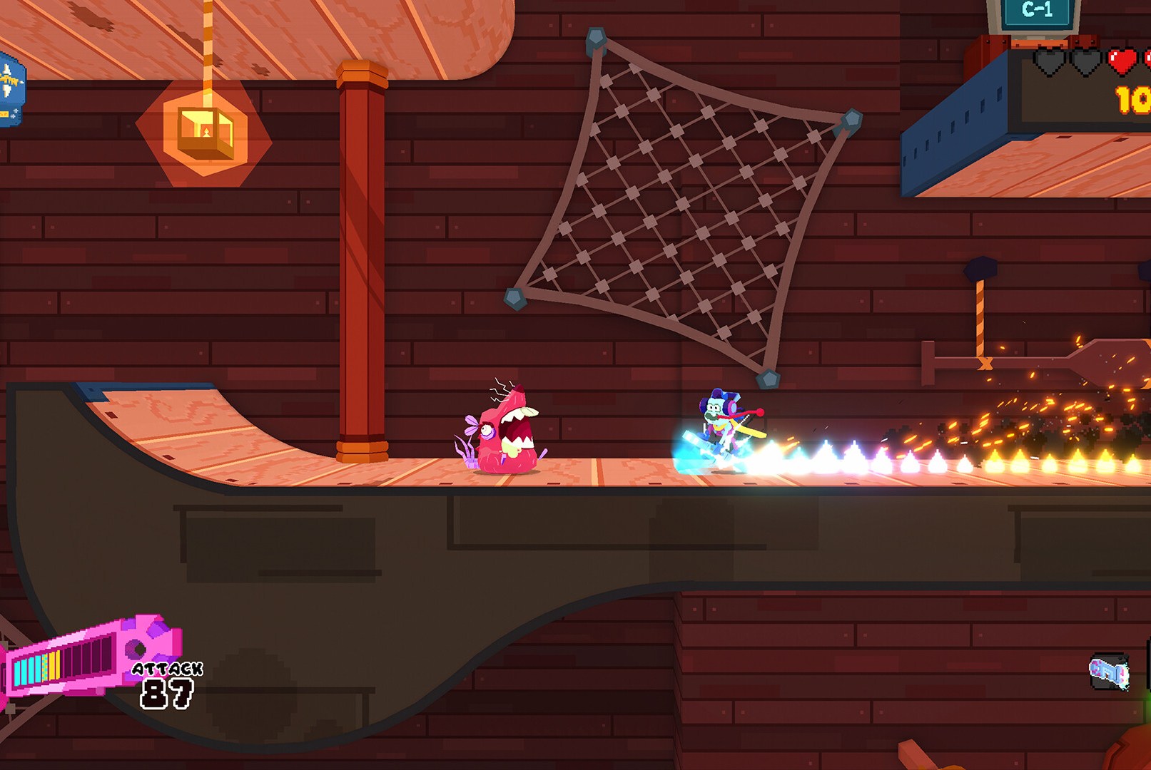 A character in the coast rushes towards the enemy at the level of coils made of wooden pieces