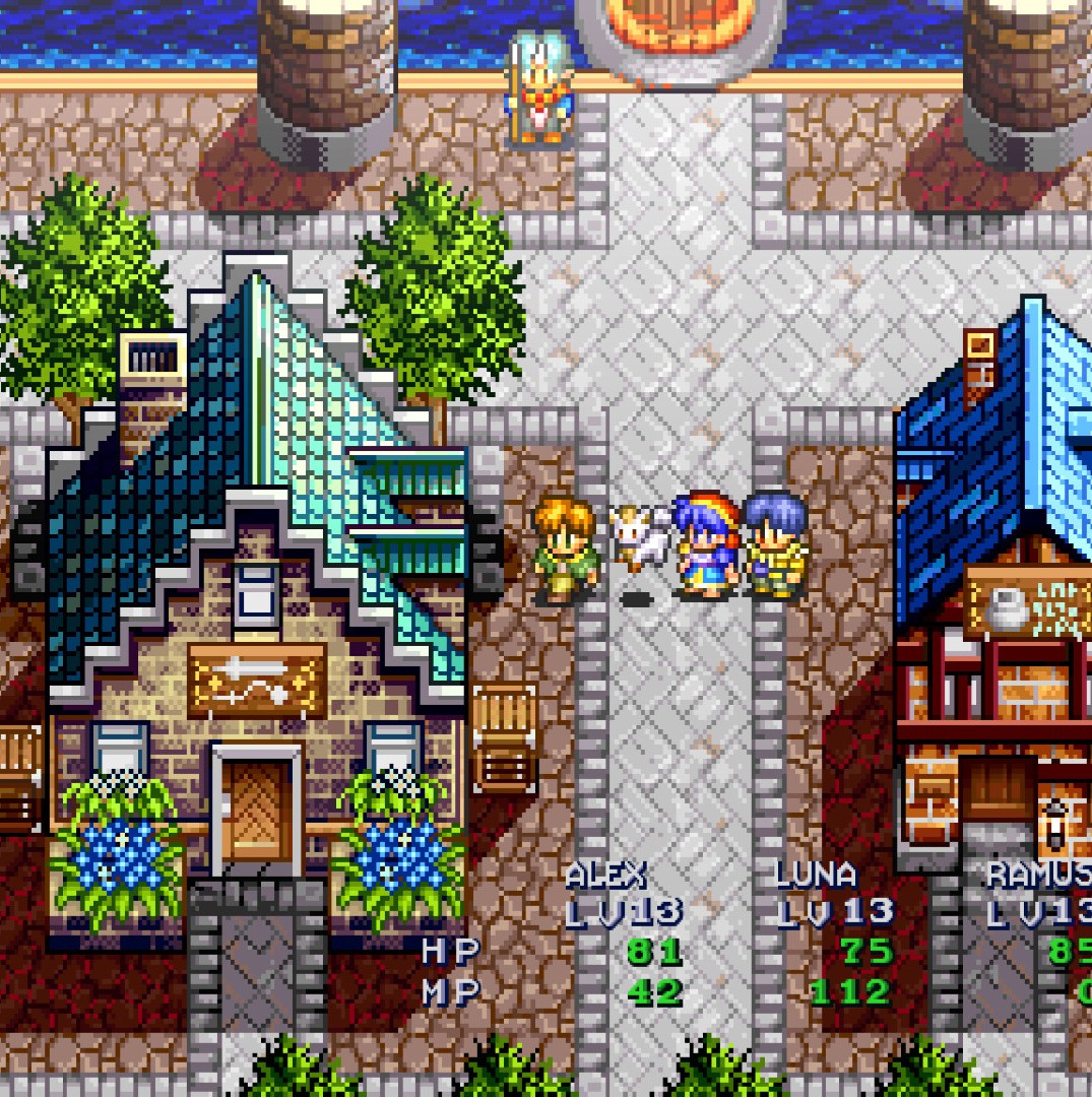 Three characters in the Lunar Remastered collection in a Pixel art town