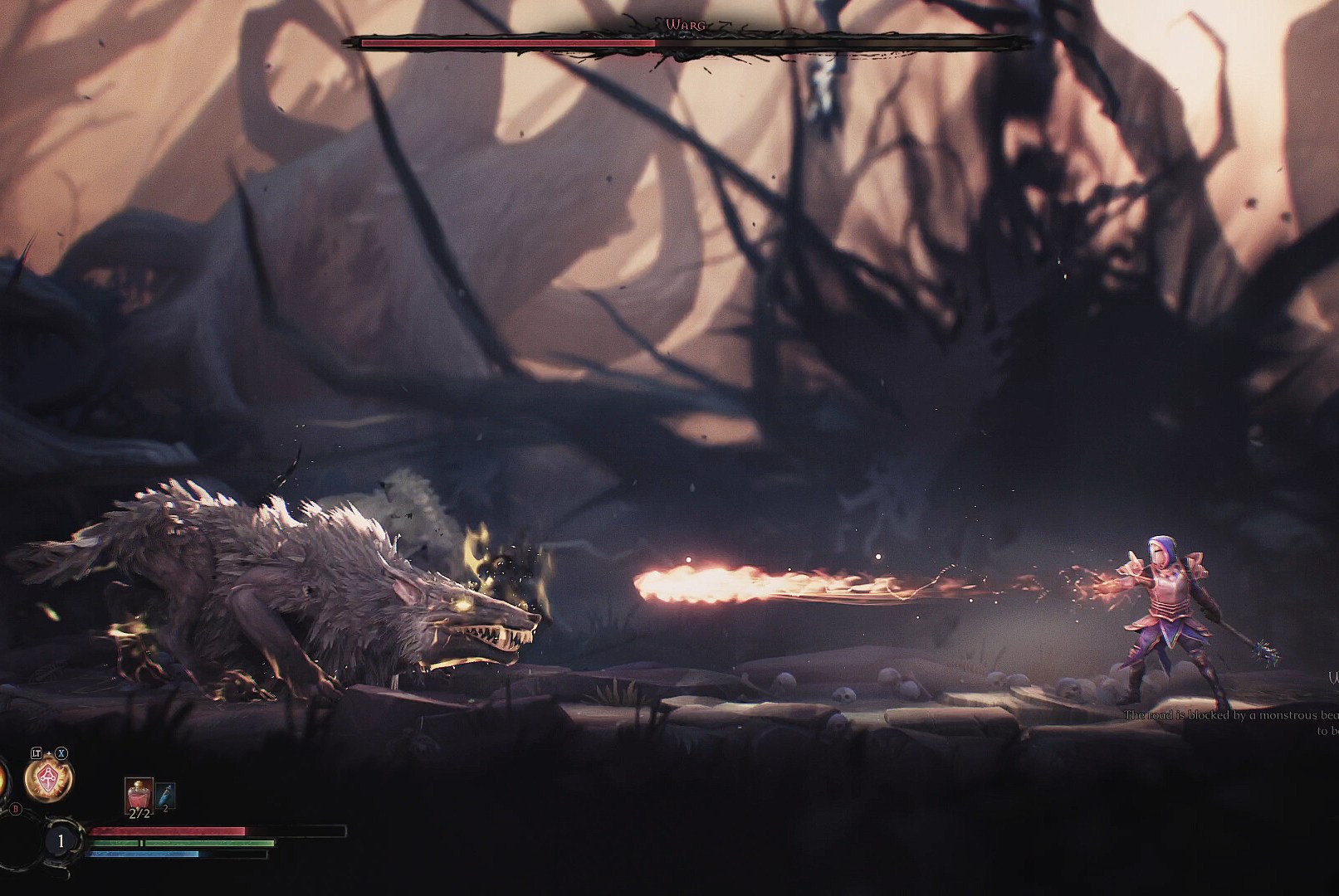 A character throws a fire ball at a mouse owner in Mandragora: The whisper of the witch