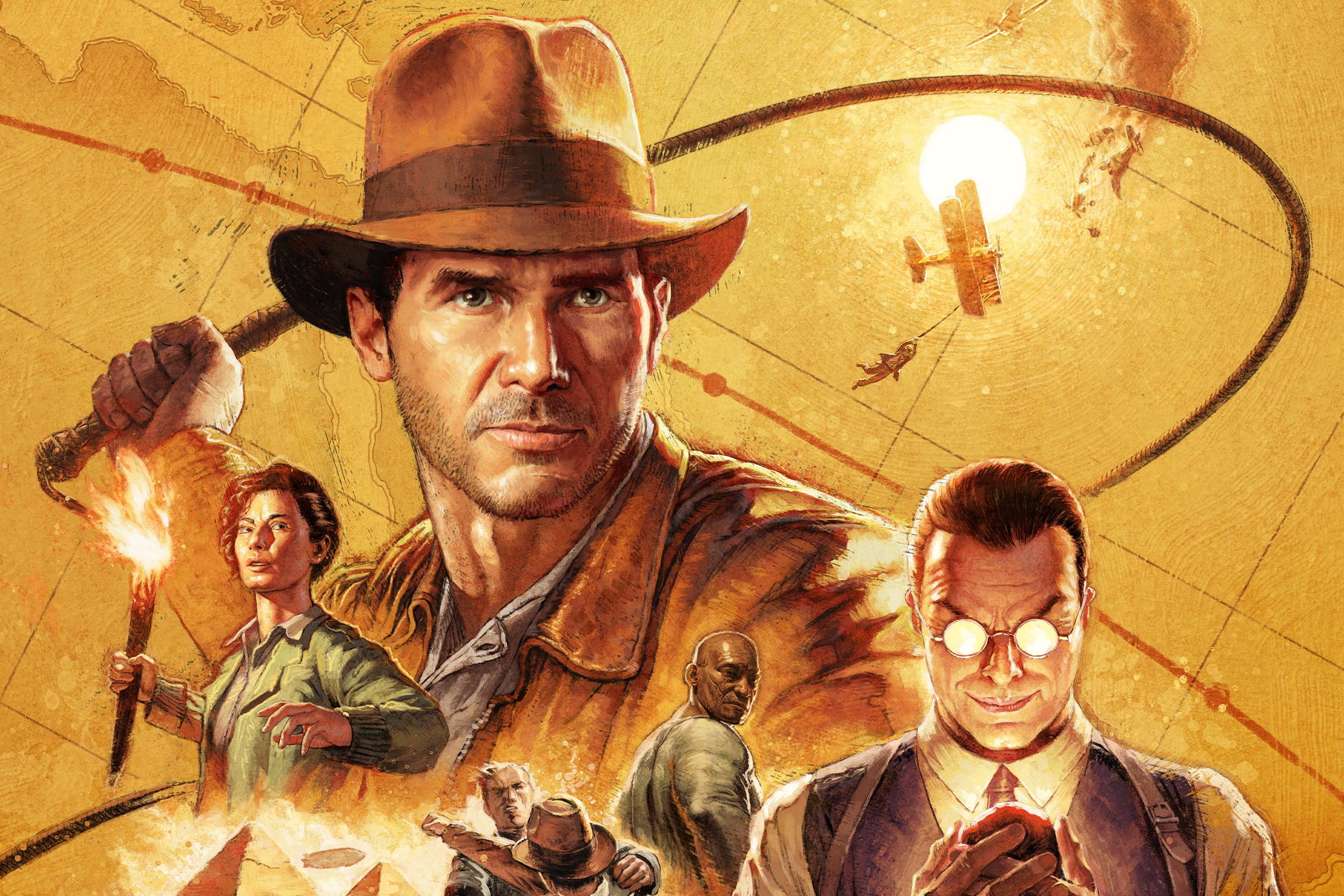 Artwork for Indiana Jones and The Great Circle shows his Indy whip and some other characters