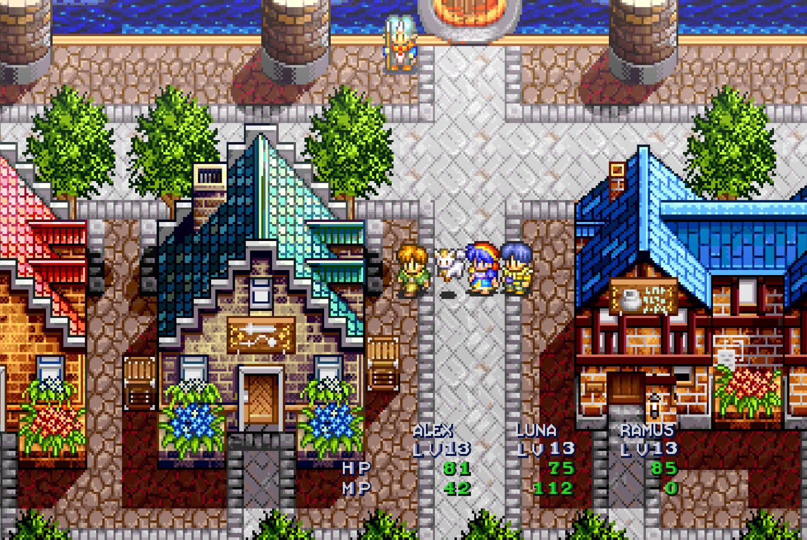 Three characters in the Lunar Remastered collection in a Pixel art town