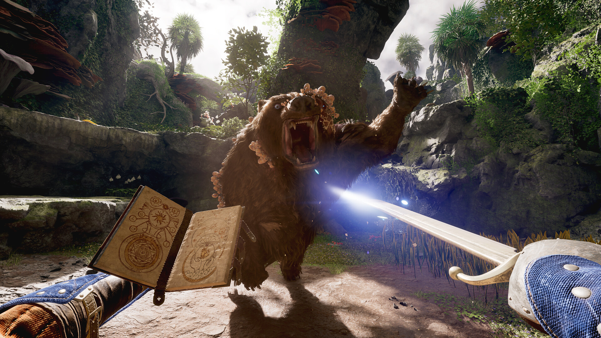 A screenshot from showing the character of the player is holding a sword and a spelling against a creature like the upcoming bear.