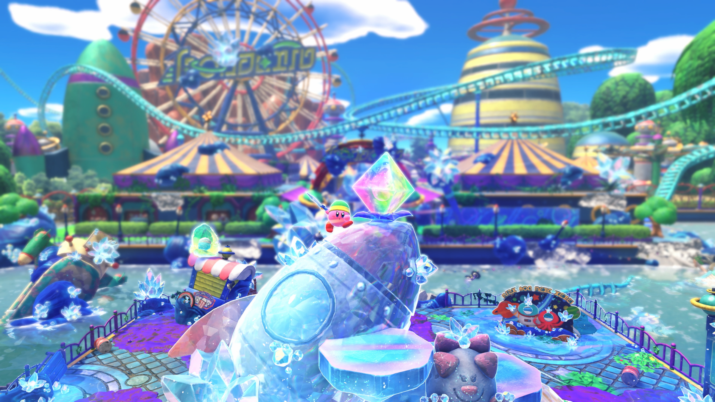 Kirby stood at the top of a frozen rocket in the scenery of colorful fairs in Kirby and the forgotten land + the world surpassed stars on Switch 2.