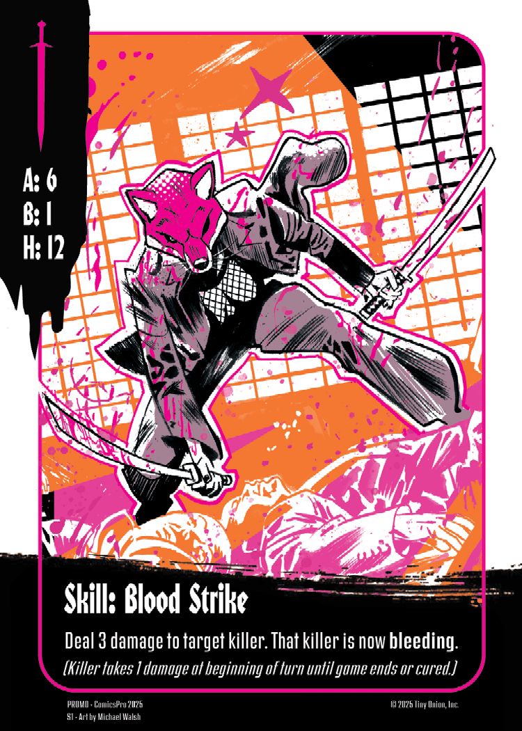 The art of subtle corpse from the corpse: the game, has Fox Mask Killer, the masked person and wearing two Samurai swords. The card has statistics and a skill called Strike Blood Strike.
