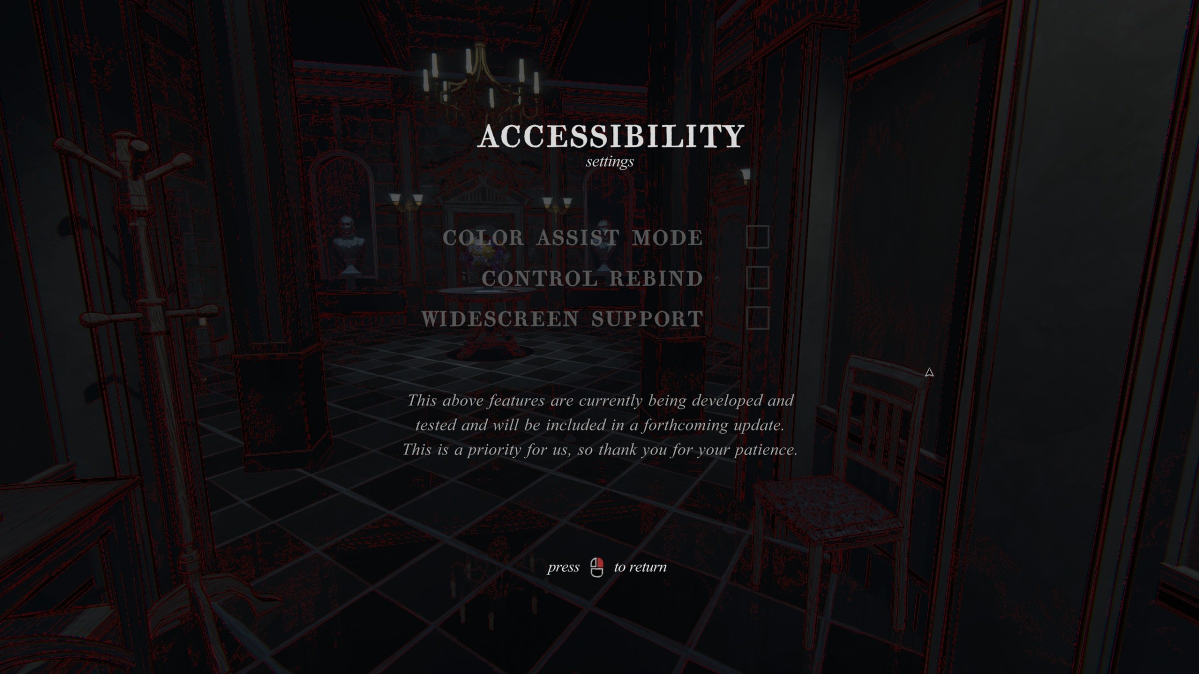 A screenshot of the screen installed accessible in Blue Prince. It lists the color support mode of the Viking, Rebind Rebind, and WID's widescreen support as the ticky boxes equipped with gray. A notice below the ticky boxes recorded, these features are currently being developed and tested and will be included in an upcoming update. This is our priority, so thank you for being patient.