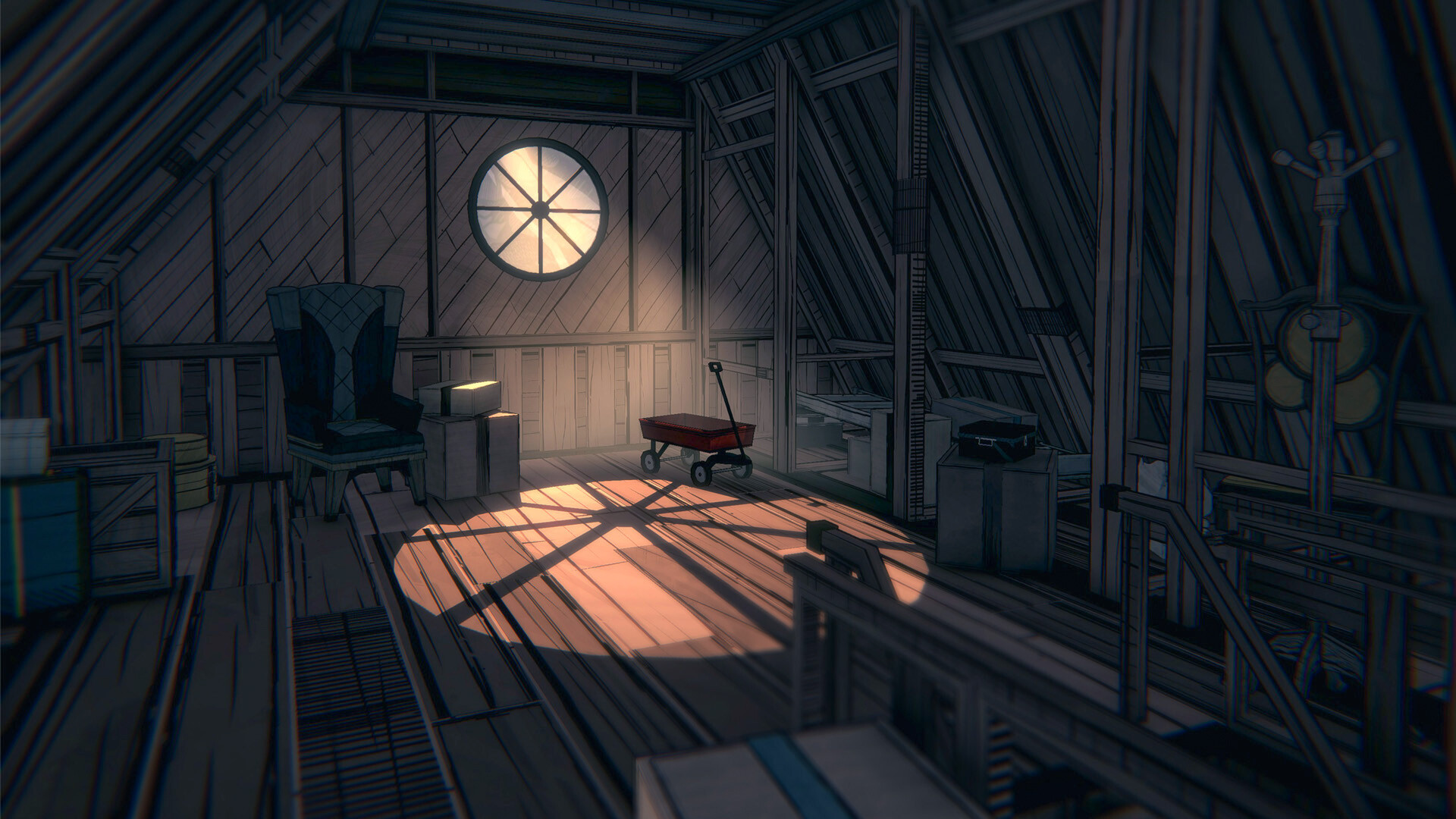The light shining through a circular window in the attic in the blue prince