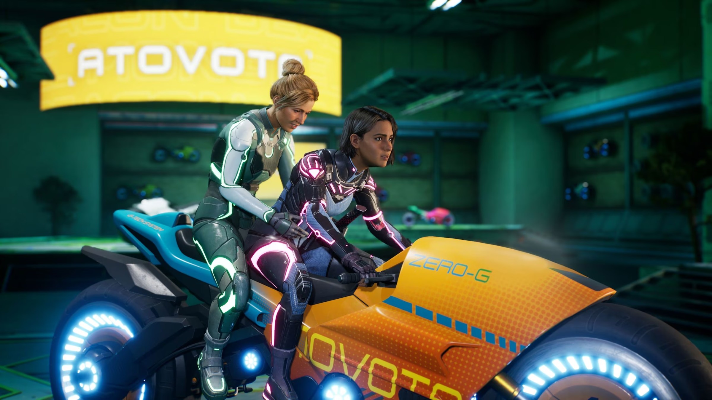 Zoe and Mio ride a motorbike when playing the fictional fiction game online or local