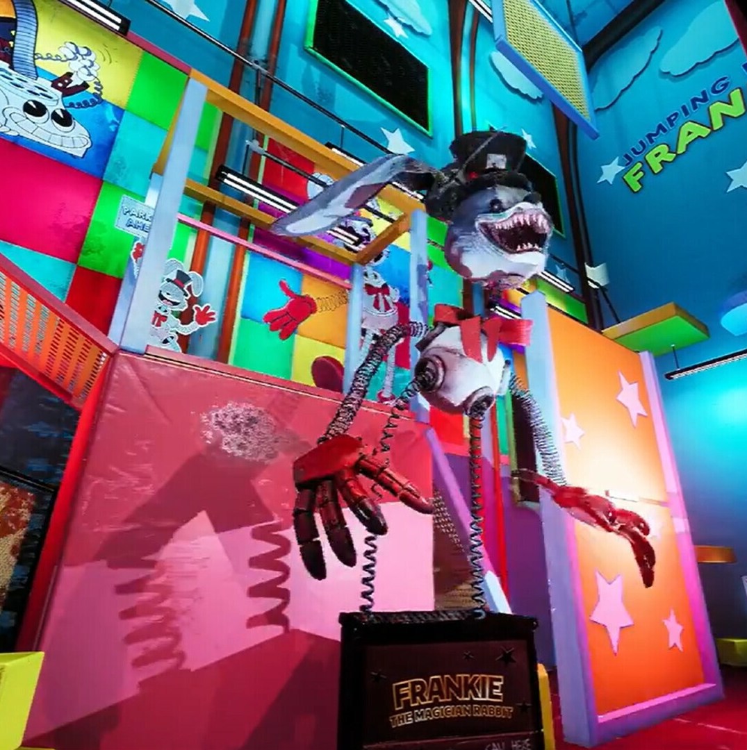 A automatic organism acts from finding Frankie standing in a colorful room