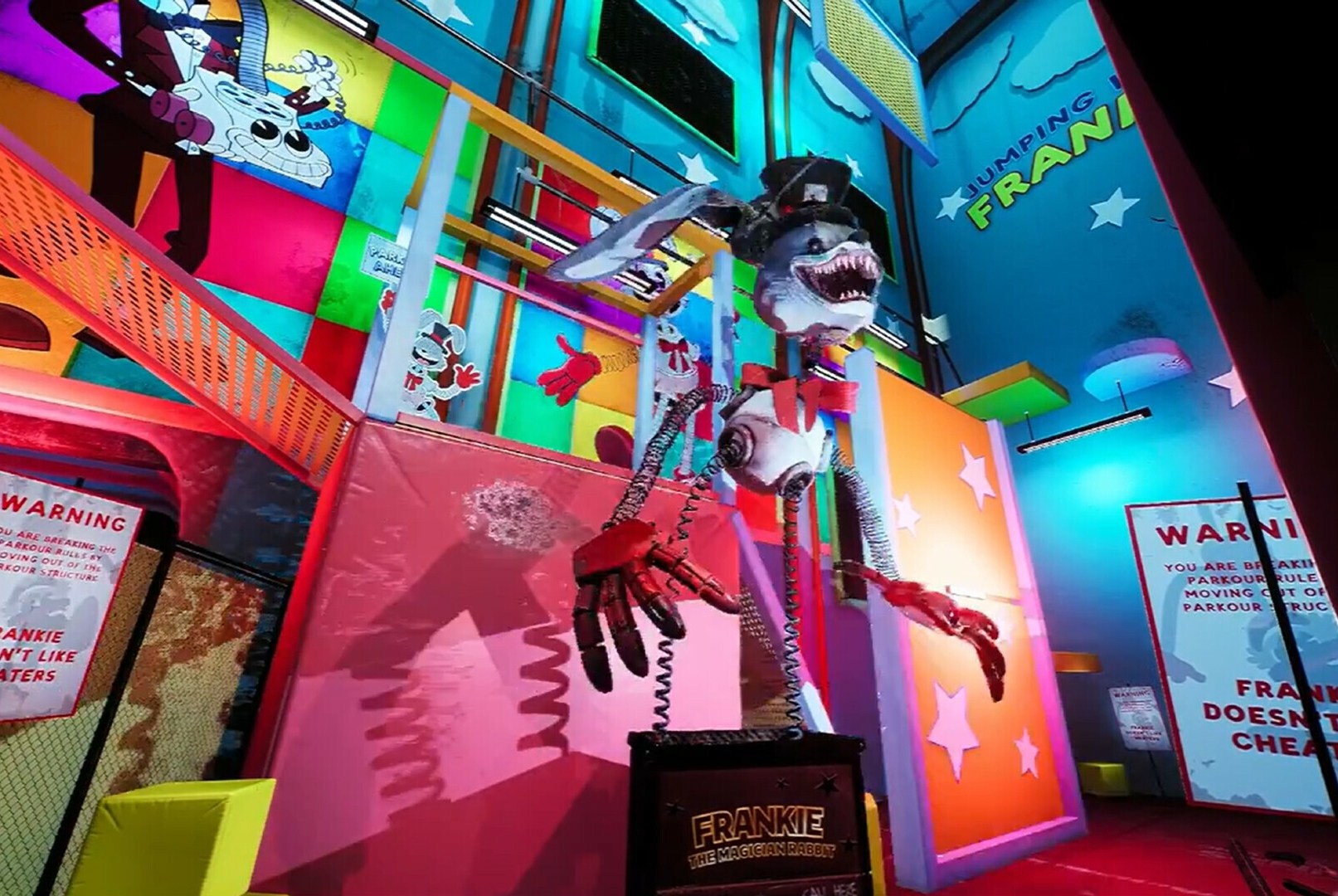 A automatic organism acts from finding Frankie standing in a colorful room