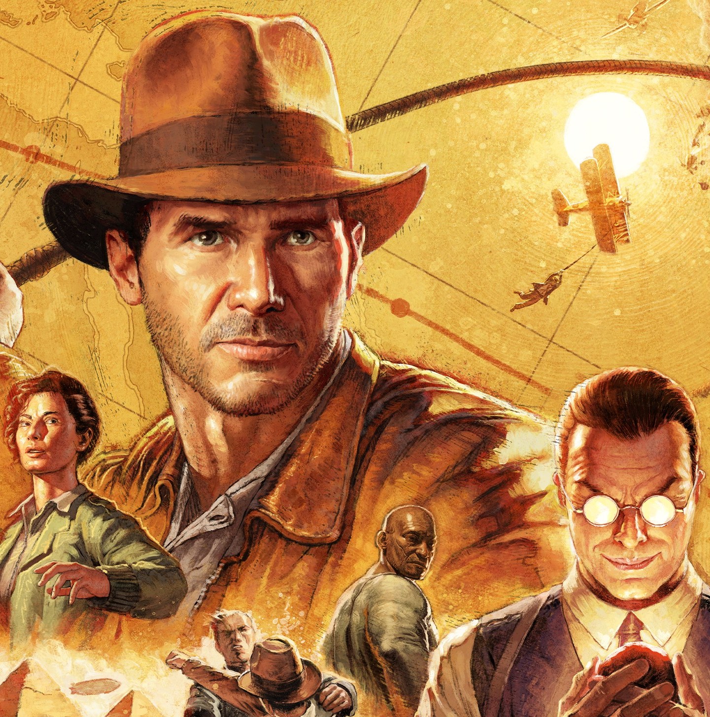 Artwork for Indiana Jones and The Great Circle shows his Indy whip and some other characters