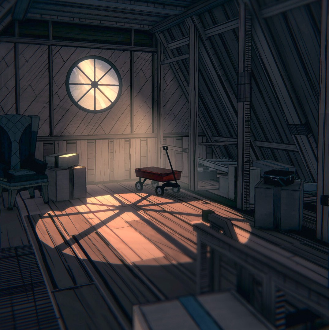 The light shining through a circular window in the attic in the blue prince