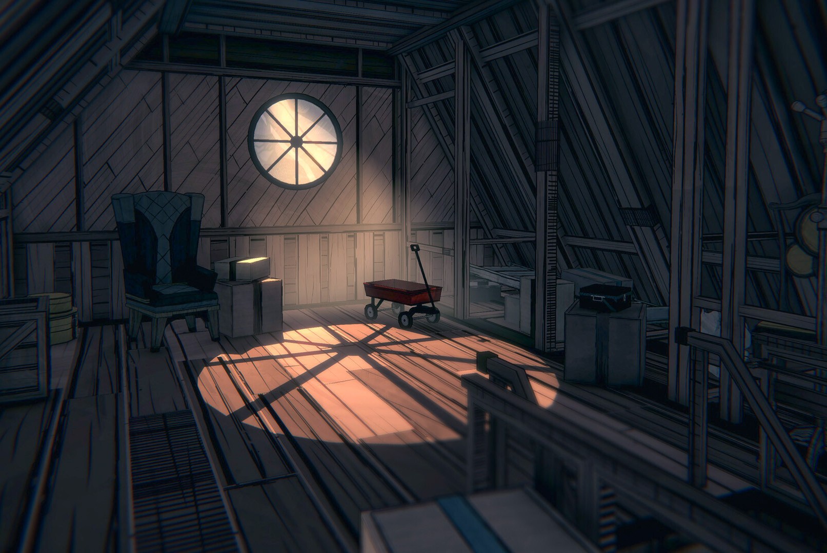 The light shining through a circular window in the attic in the blue prince